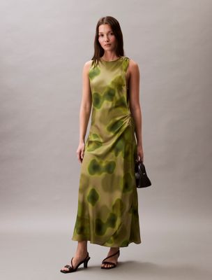 Printed Crushed Satin Midi Dress , Green Multi