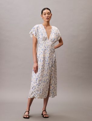 Printed Satin Midi Dress , Antique White