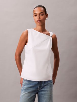 Cotton Asymmetric Drape Sleeveless Top, Blanc De Blanc