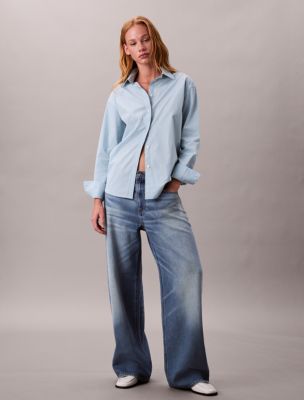 Cotton Stripe Relaxed Button-Down Shirt , Cool Blue