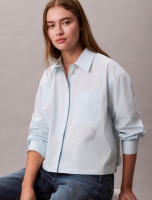 Cropped Boxy Button-Down Shirt , Cool Blue