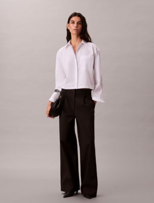 Cotton Stretch Cropped Boxy Button-Down Shirt , Brilliant White