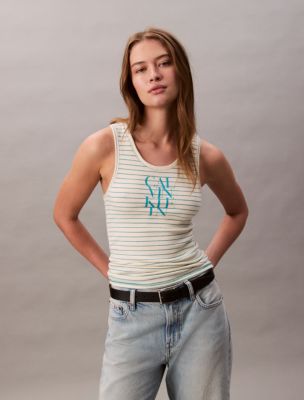 Cotton Rib Stripe Logo Graphic Tank Top, Sweet Corn Stripe