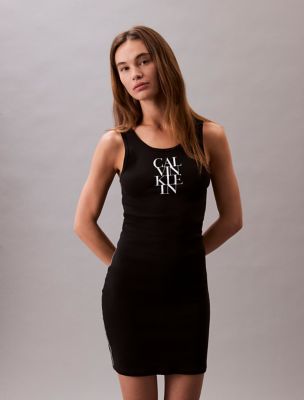 Cotton Rib Logo Graphic Mini Tank Dress, Black
