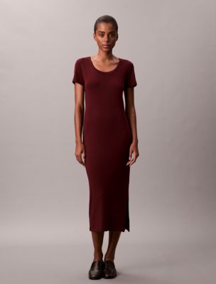 Refined Cotton Midi Dress, Deep Rouge