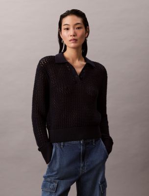 Open Stitch Polo Sweater, Dark Sapphire