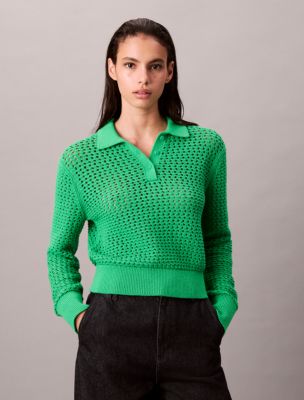 Open Stitch Polo Sweater, Blossom Green