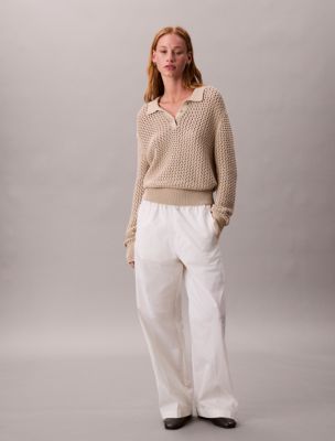 Open Stitch Polo Sweater, White Pepper