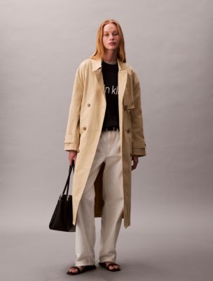Cotton Stretch Long Trench Coat, Pale Khaki