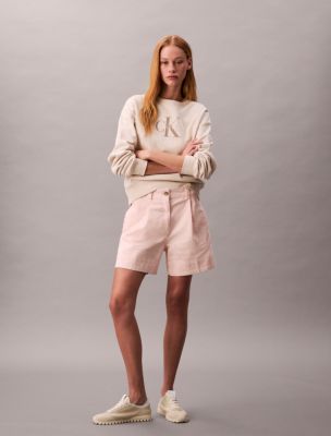 Cotton Stretch Twill Pleated Bermuda Shorts , Cloud Pink