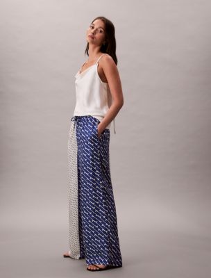 Printed Viscose Twill Wide Leg Pants, Navy