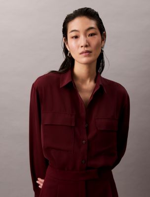 Chiffon Relaxed Button-Down Shirt, Deep Rouge
