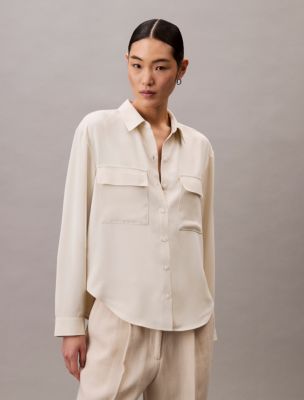 Chiffon Relaxed Button-Down Shirt, Tofu