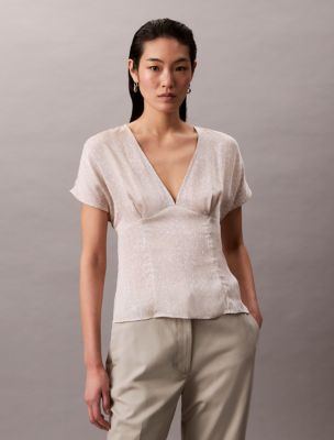 Printed Satin V-Neck Blouse, Chalk