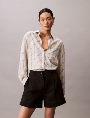Printed Tencel Blend Roll Tab Shirt, Chalk