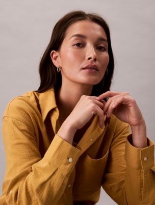 売れ筋商品|||カルバンクライン カットソー トップス レディース Women's Double Gauze Roll-Tab-Sleeve Button-Down Shirt Black Calvin Klein Jeans Women's Double Gauze Roll-Tab-Sleeve