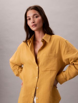 Double Gauze Roll Tab Shirt, Amber Gold