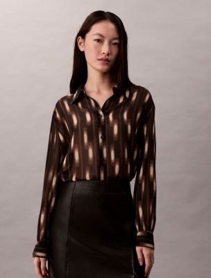 Chiffon Printed Classic Button-Down Shirt , Black