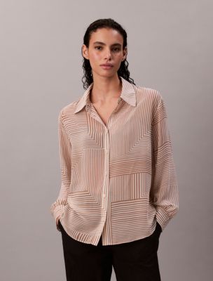 Chiffon Printed Classic Button-Down Shirt , Chalk