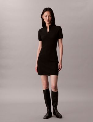Tech Knit 1/4 Zip Mini Sweater Dress, Black