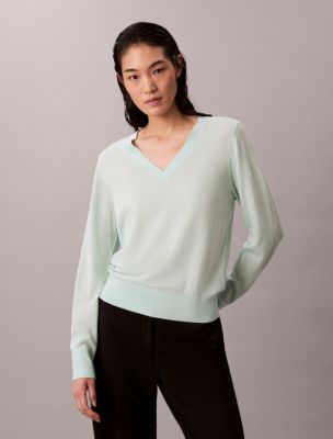 Merino Wool V-Neck Sweater, Moonlight Jade