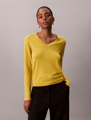 Merino Wool V-Neck Sweater, Space Lime