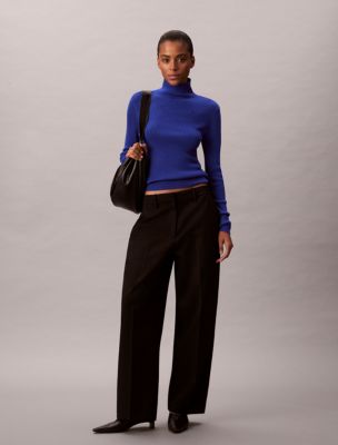 Wool Blend Ribbed Turtleneck Sweater, Cobalt  