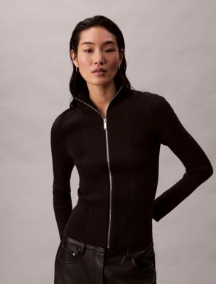 Nylon Ribbed Zip Jacket, Black