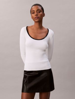 Cotton Blend Classic Scoopneck Sweater, White