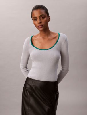 Cotton Blend Classic Scoopneck Sweater, Grey
