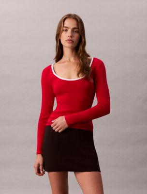 Cotton Blend Classic Scoopneck Sweater, Red