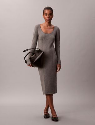 Tech Knit Slim Midi Dress, Grey Heather