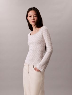Tech Knit Allover Monogram Sweater, Chalk