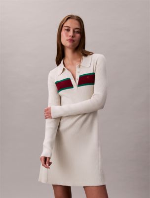 Cotton Rib V-Neck Polo Mini Dress, Chalk