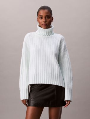 Wide Rib Relaxed Turtleneck Sweater, Aqua Breeze