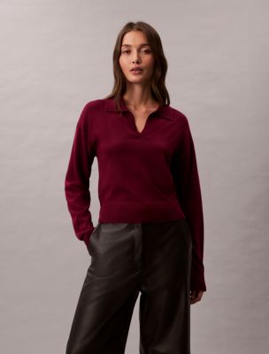 Merino Wool Blend Relaxed Polo Sweater, Berry Glaze 
