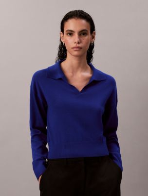 Merino Wool Blend Relaxed Polo Sweater, Cobalt  