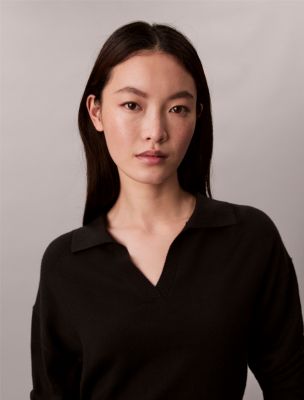 Merino Wool Blend Relaxed Polo Sweater, Black