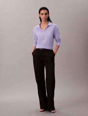 Merino Wool Blend Relaxed Polo Sweater, Lacey Lilac