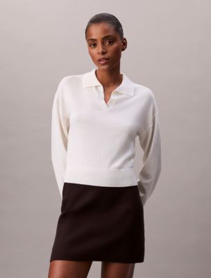 Merino Wool Blend Relaxed Polo Sweater, Antique White