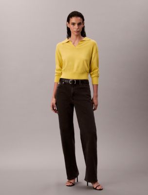 Merino Wool Blend Relaxed Polo Sweater, Space Lime