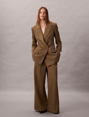 Wool Gabardine Wide Leg Trouser, Moss Green