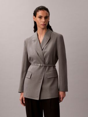 Stretch Belted Blazer, Pewter Melange
