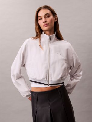 Woven Cropped Relaxed Track Jacket, Silver Haze