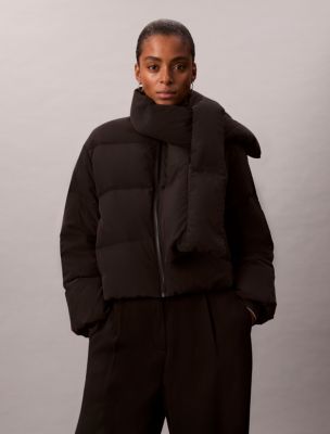 Short Puffer Jacket with Scarf, Black