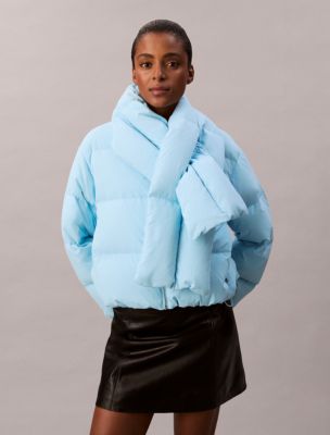 Short Puffer Jacket with Scarf, Blue Freeze 