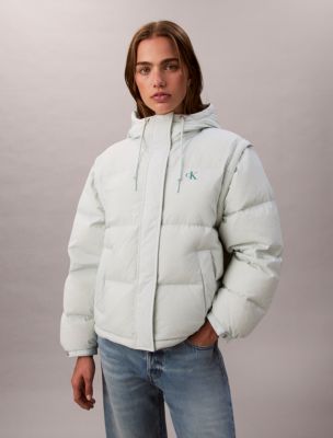 Crinkle Nylon Detachable Sleeve Puffer Jacket, Opale
