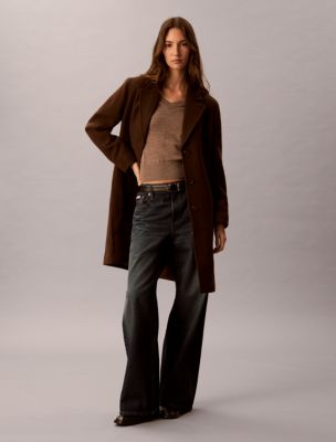 Wool Blend Tailored Coat, Brown Cork