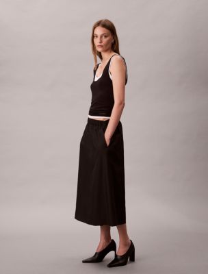 Nylon Midi Pull-On Skirt, Black