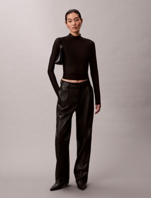 Faux Leather Pleated Trouser, Black